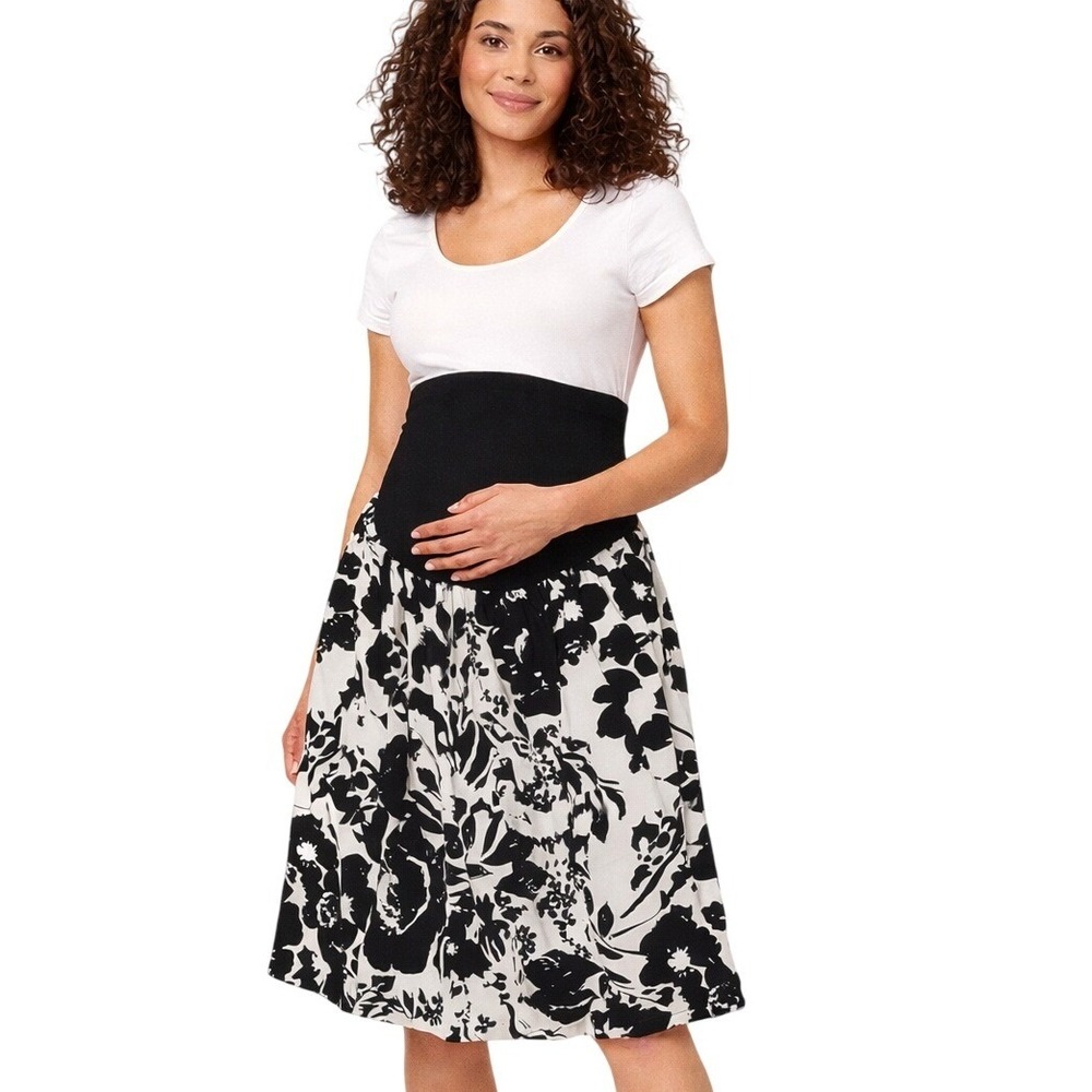 Motherhood Maternity Secret Fit Belly Floral‎ Skirt Size S Black White